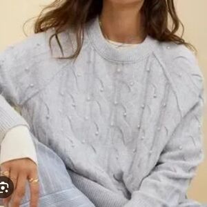 Aerie Oversized Light Gray Cable Sweater with Pearl Details